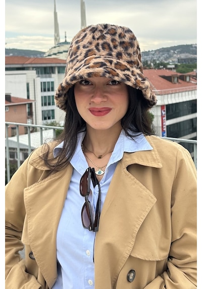 Mollycrush Kadın Kışlık Leopar Desenli Peluş Şapka Soğuk Geçirmez Sıcak Tutan Bucket Camel Leopar