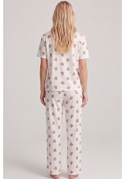 Siyah İnci İnce Soft Örme Mevsimlik Düğmeli Pijama Takımı 8002 Ekru Küçük Ayı