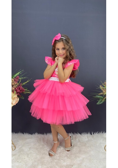 Barbie Taçlı Kız Çocuk Doğum Günü Parti Elbisesi Pembe Barbie Taçlı Kız Çocuk Doğum Günü Parti Elbisesi Pembe