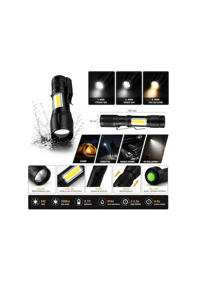 3'lü Şarjlı Led Fener Seti Usb Şarjlı El Feneri Kafa Lambası Kamp Lambası Güçlü Işık Acil Durum Outdoor Diğer