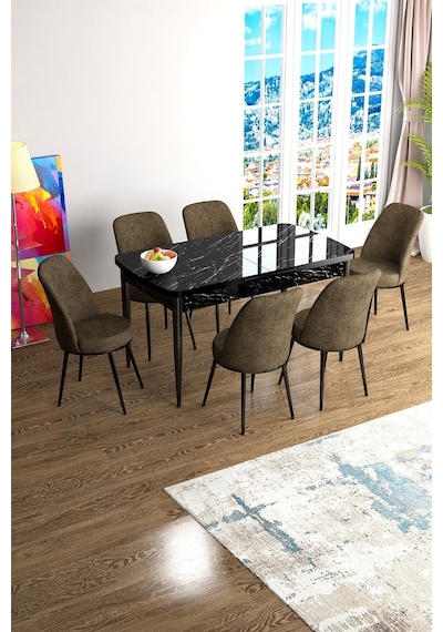 Canisa Han Serisi, Siyah Mermer Desen 70x114, Açılabilir Mdf Mutfak Masa Takımı, 6 Kahve Sandalye Masa Siyah Mermer Desenli Sandalyeler Kahverengi Canisa Han Serisi, Siyah Mermer Desen 70x114, Açılabilir Mdf Mutfak Masa Takımı, 6 Kahve Sandalye Masa Siyah Mermer Desenli Sandalyeler Kahverengi