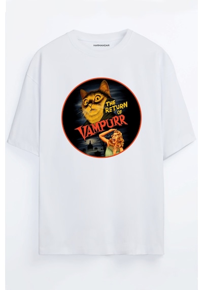 Kedi Baskılı Unisex Beyaz Oversize Tshirt Beyaz