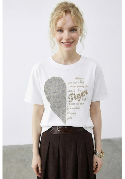 Shade Kadın Leopar Kalp Taş İşlemeli Bisiklet Yaka Regular Fit T-shirt 2210 60283976 - Beyaz