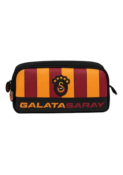 Galatasaray Lisanslı Parçalı Desenli Çift Bölmeli Kalemlik - Rubber Logolu Su İtici Kumaşlı Kalem Kutusu Siyah
