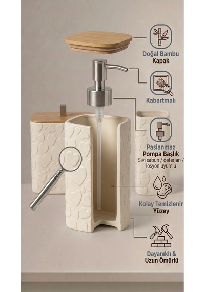 Makri Home Desenli 7 Parça Bambu Kapaklı Ve Aksesuarlı Banyo Seti Beyaz