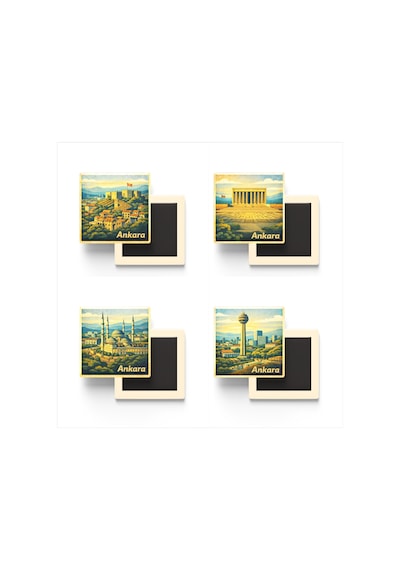 Ankara - 4'lü Memleket Seti - Baskılı Buzdolap Magneti Kare - 9x9 Cm - 4 Adet