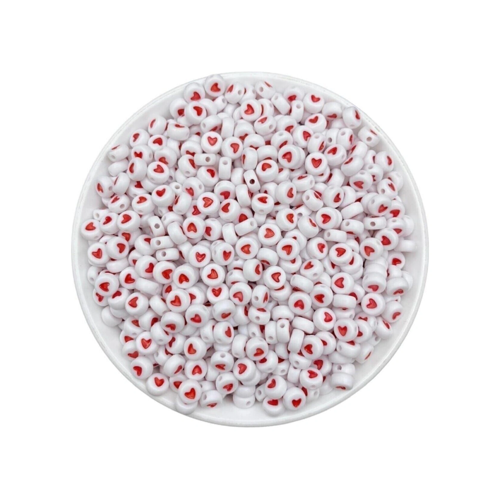 50 Gr Yassı Beyaz Üzeri Kırmızı Kalp Boncuk, 4x7mm Kalp Takı Yapım Boncuğu Ort. 370 - 400 Adet