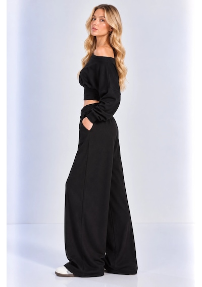 Mevese Kayık Yaka Korseli Crop Bluz - Cep Detaylı Palazzo Modal Takım - Siyah