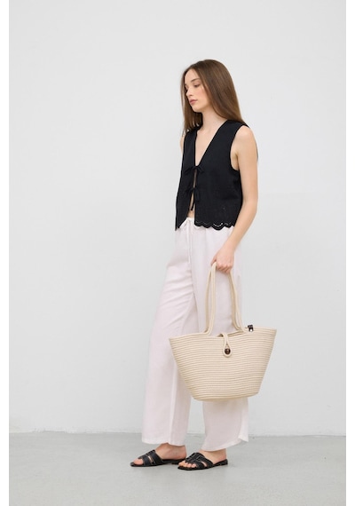 Shule Bags Vossa Handmade Düğmeli Hasır Omuz Çantası Krem Krem