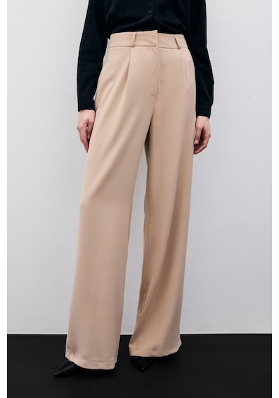 Sateen Pileli Krep Pantolon - Bej
