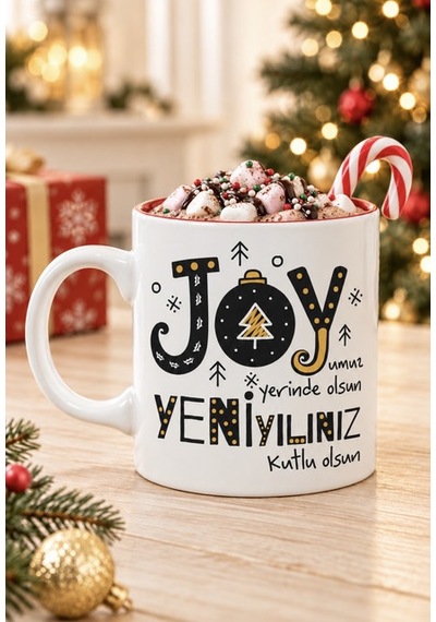 Mesela Yılbaşı Kupası Joyumuz Yerinde Olsun Desenli Kırmızı İçli Hediyelik Kahve Kupa Bardak Beyaz