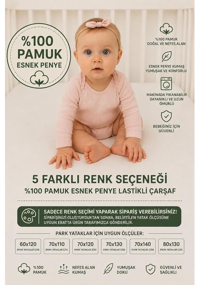 %100 Pamuklu Bebek Lastikli Çarşaf - Penye Kumaş - Park Yatak 60x120 70x110 70x120 70x130 70x140 Krem Beyaz Gri Pembe Mavi Beyaz