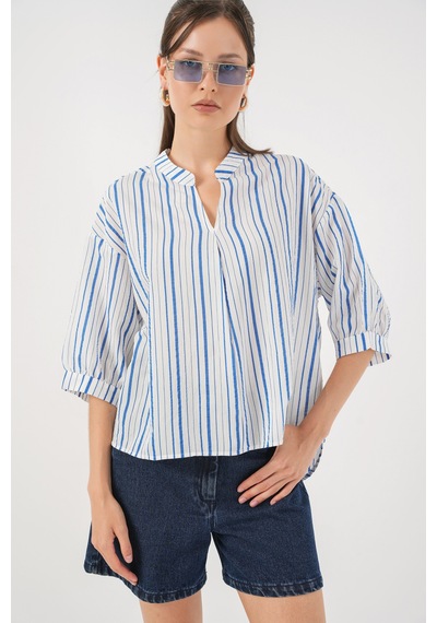 Bigdart Kadın Çizgili Oversize Bluz 967 - Mavi
