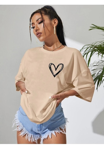 Minimal Kalp T-shirt - Açık Kahve Baskılı Oversize Bisiklet Yaka Kısa Kol Tişört Açık Kahverengi
