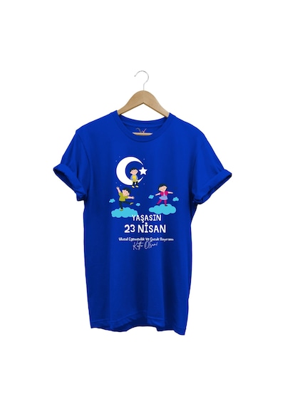 23 Nisan Çocuk Bayramı Baskılı %100 Pamuk Regular Fit Bisiklet Yaka Premium Mavi T-shirt Mavi