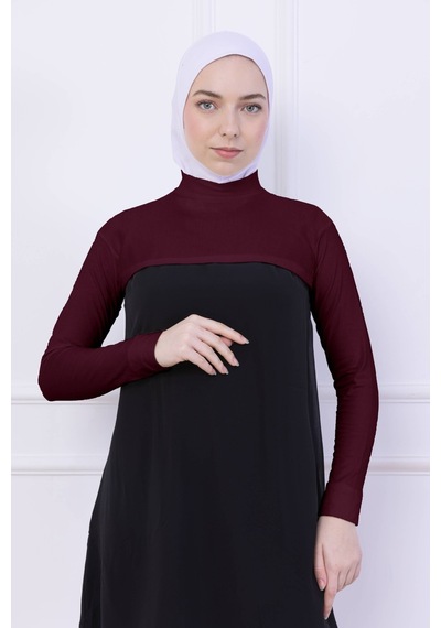 Loggia Balıkçı Yaka Boyunluklu Kolluk Bordo - Likralı Dik Yakalı Kadın Body Tesettür Crop Bolero Bordo