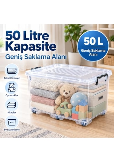 Tekerlekli 50 Litre Şeffaf Saklama Ve Düzenleme Kutusu,