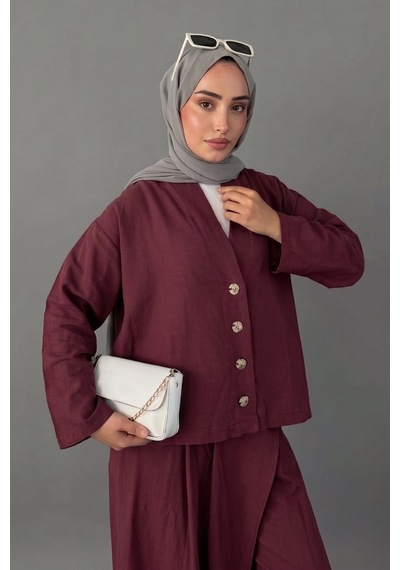 Norshen Kruvaze Kesim Düğmeli Bluz & Etek Görünümlü Geniş Paça Pantolon - Keten Takım bordo