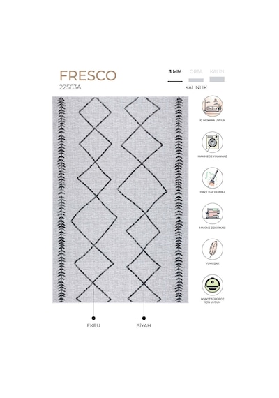 Fresco Ekru Siyah İskandinav Jüt Yıkanabilir Halı Kilim Balkon Te Ekru - Siyah