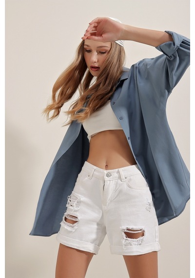 Bigdart 3900 Oversize Uzun Basic Gömlek - İndigo 001