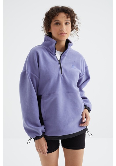 Tommy Life Açık Eflatun Yarım Fermuar Etek Ucu Büzgülü Dik Yaka Oversize Kadın Polar Sweatshirt - 97236 Eflatun