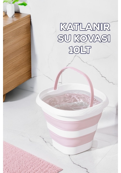 Porsima 1175-1 Damla Katlanabilir Silikon Su Kovası Pudra Beyaz Beyaz - Pembe