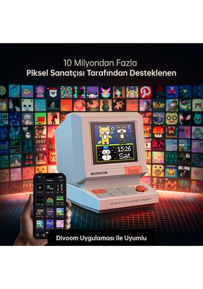 Divoom Minitoo Bluetooth Hoparlör, Kablosuz, Piksel Ekranlı Retro Taşınabilir Ses Bombası, Beyaz