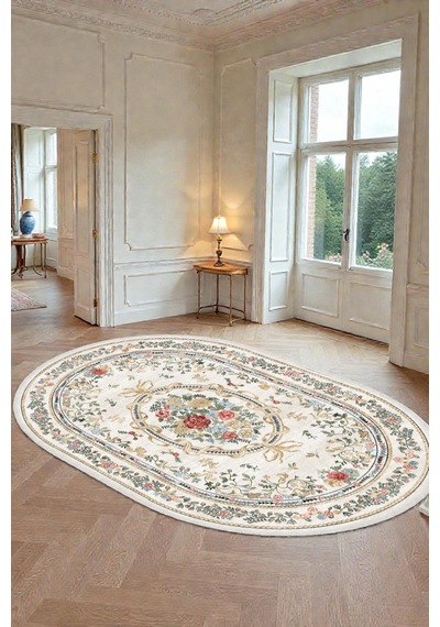 Oval Vintage Gül Desenli Krem Kilim Fransız Klasik Şık Salon Oturma Odası Halısı Krem Krem