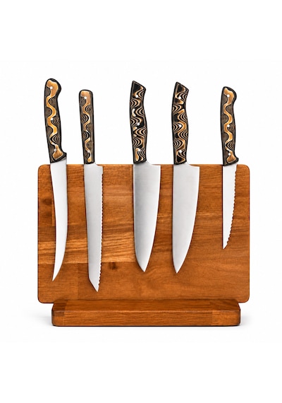 CH woodline 4 Parça Profesyonel Mutfak Bıçak Set i 4116 Alman Çelik, Verzalit Sap, Mıknatıslı Epoksi Standlı, Nusret Şef, Santoku, Guyuto, Ekmek Bıçağı + Ceviz Kase, Kesme Tahtası Ve Peçete çok renkli