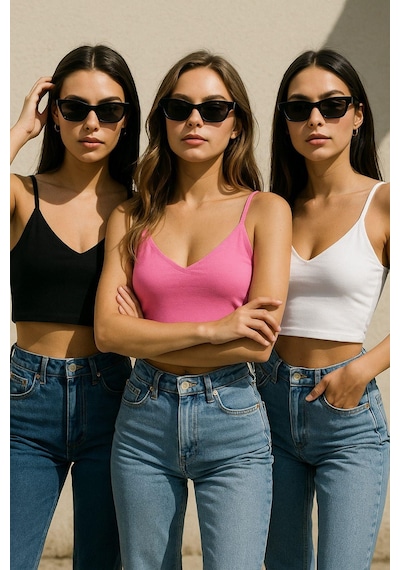 Kadın 3'lü Paket Siyah Beyaz Pembe Kısa Crop İp Askılı V Yaka Krop Bluz Büstiyer Çok Renkli