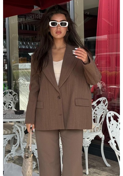 Kahverengi Keten Blazer Kadın Ceket Mg2443 Kahverengi
