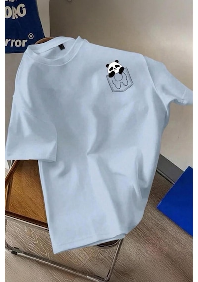 Cepte Panda Baskılı Oversize Unisex Pamuklu Tişört Battal Büyük Beden Tshirt Turkuaz