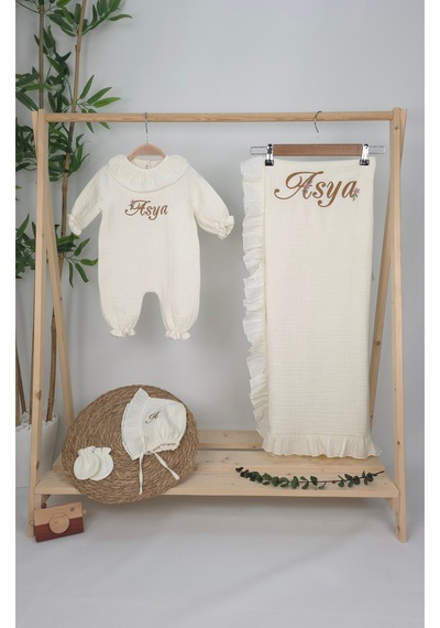 Gros Shop Müslin Yeni Doğan 4katlı Organik %100pamuk Kişiye Özgü Nakışlı Hastane Çıkış Seti Papatya Model-4 Ekru-1