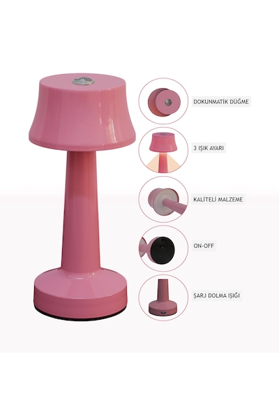 Zenlight Metal Dokunmatik Şarjlı Masa Lambası Pembe