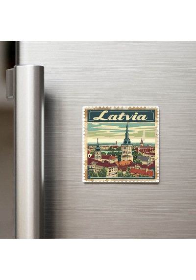 Letonya Latvia - Posta Pulu Temalı Ülke - Baskılı Buzdolap Magneti Kare - 9x9 Cm