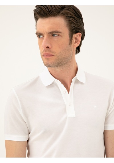 Beyaz Slim Fit Polo Yaka Merserize T-shirt