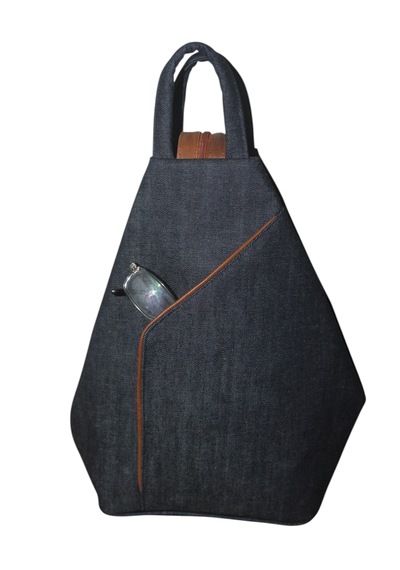 Denim Kumaş Kadın Sırt Ve Omuz Çantası Vazo Model Lacivert Renk Taba Deri Detaylı Lacivert-taba