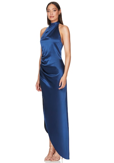 Hanife Glam Couture Hanife Glam Halter Yaka Asetat Saten Elbise Lacivert