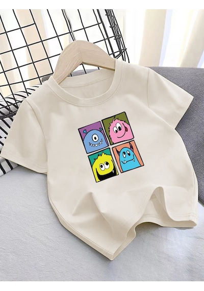 Uyguntarz Çocuk Canavarlar Baskılı Tasarım Tshirt Bej