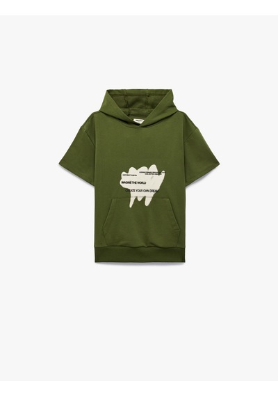Koton Pamuklu Cepli Baskılı Kısa Kollu Kapüşonlu Oversize Sweatshirt Haki 6skb10485tk Haki