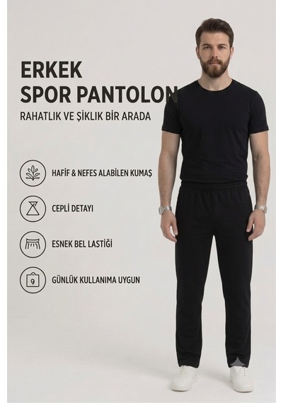 Genel Markalar Erkek 3 Cepli İki İplik Kompak Penye Eşofman Siyah Siyah
