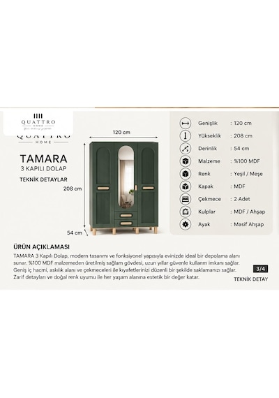 Tamara 3 Kapaklı Dolap Yeşil