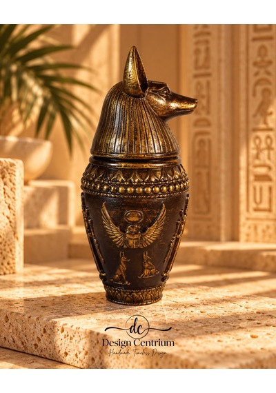 Anubis Antik Mısır Temalı Dekoratif Vazo El Yapımı Bronz Altın Görünümlü Biblo
