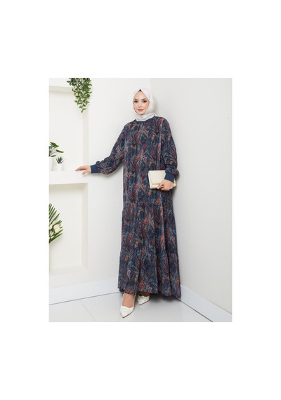 Hb Harma Time Butik Kadın Astarlı Lacivert Şifon Şal Desen Elbise Lacivert Lacivert