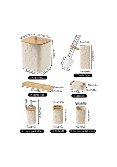 Makri Home Desenli 7 Parça Bambu Kapaklı Ve Aksesuarlı Banyo Seti Beyaz