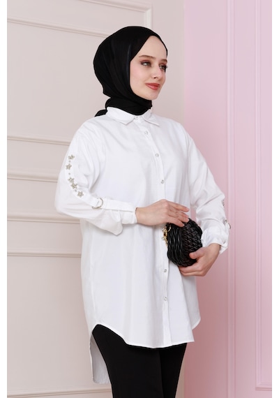 Sevitli Kolu Çakım Detaylı Tunik-beyaz-4731 Beyaz