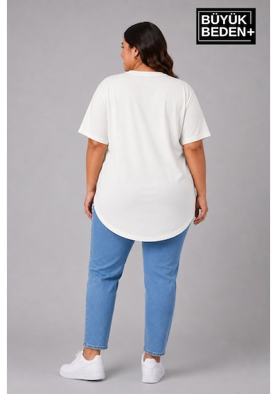 Superlife Büyük Beden Kadın Bisiklet Yaka Basic Oval Etek Detalylı 3xl-6xl Uzun Tunik Spr26btsk502 Ekru