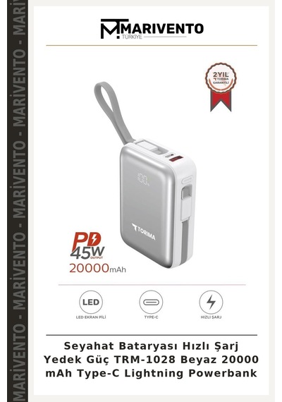 Seyahat Bataryası Hızlı Şarj Yedek Güç Trm-1028 Beyaz 20000 Mah Type-c Lightning Powerbank Çok Renkli
