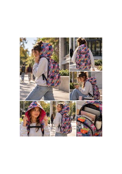 Unisex Su Geçirmez Zebra Ve Kalp Desenli Çıkarılabilir Kapüşonlu Sırt Çantası Mix
