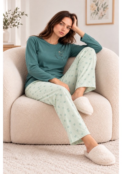 Nisanca Kadın Premium Modal Penye Pijama Takımı %100 Pamuk Soft Yumuşak Dokulu Uzun Kollu Baskılı Desenli Alt Üst 2'li Yesil